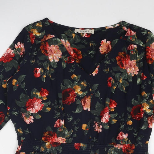 Oasis Womens Blue Floral Polyester Basic Blouse Size M V-Neck