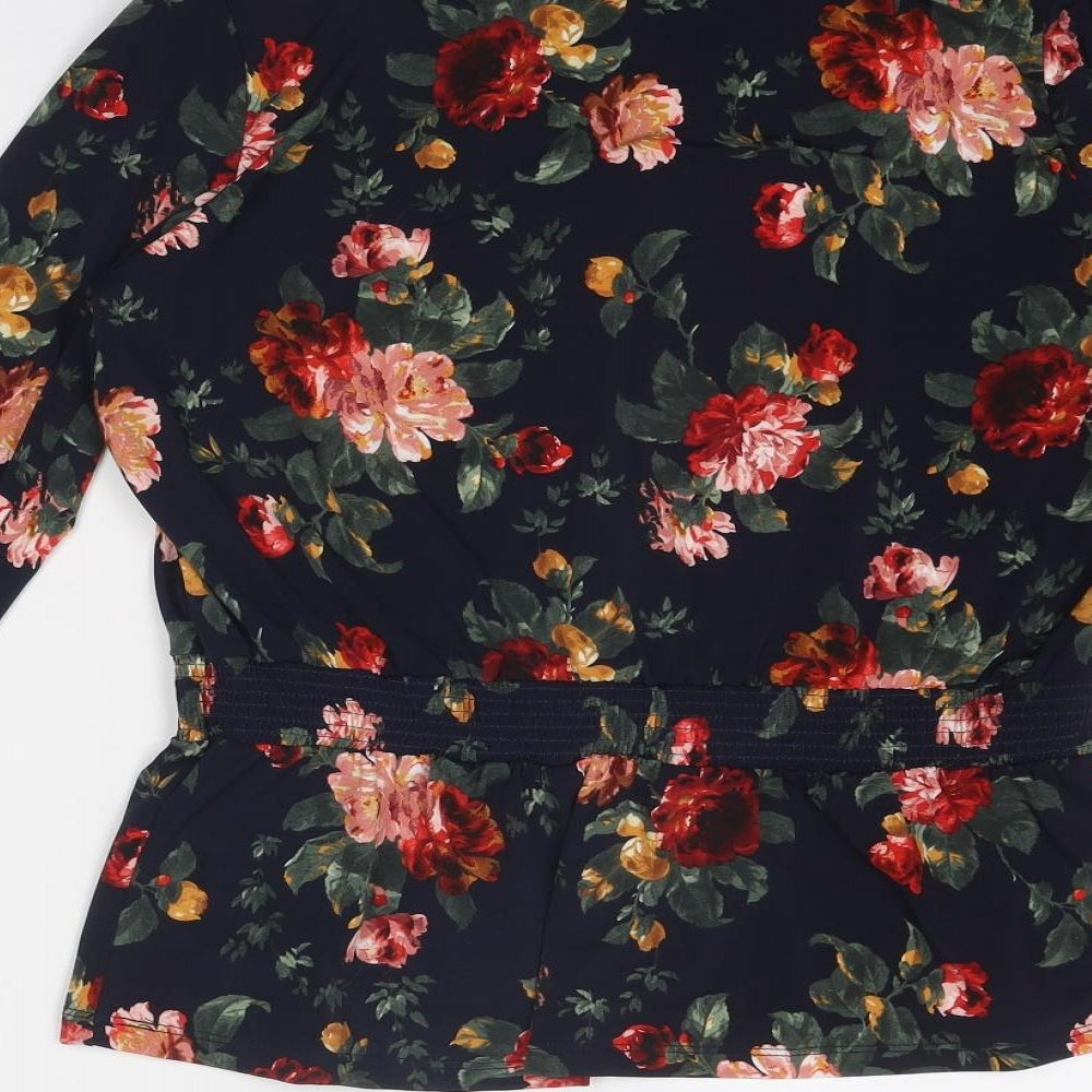 Oasis Womens Blue Floral Polyester Basic Blouse Size M V-Neck