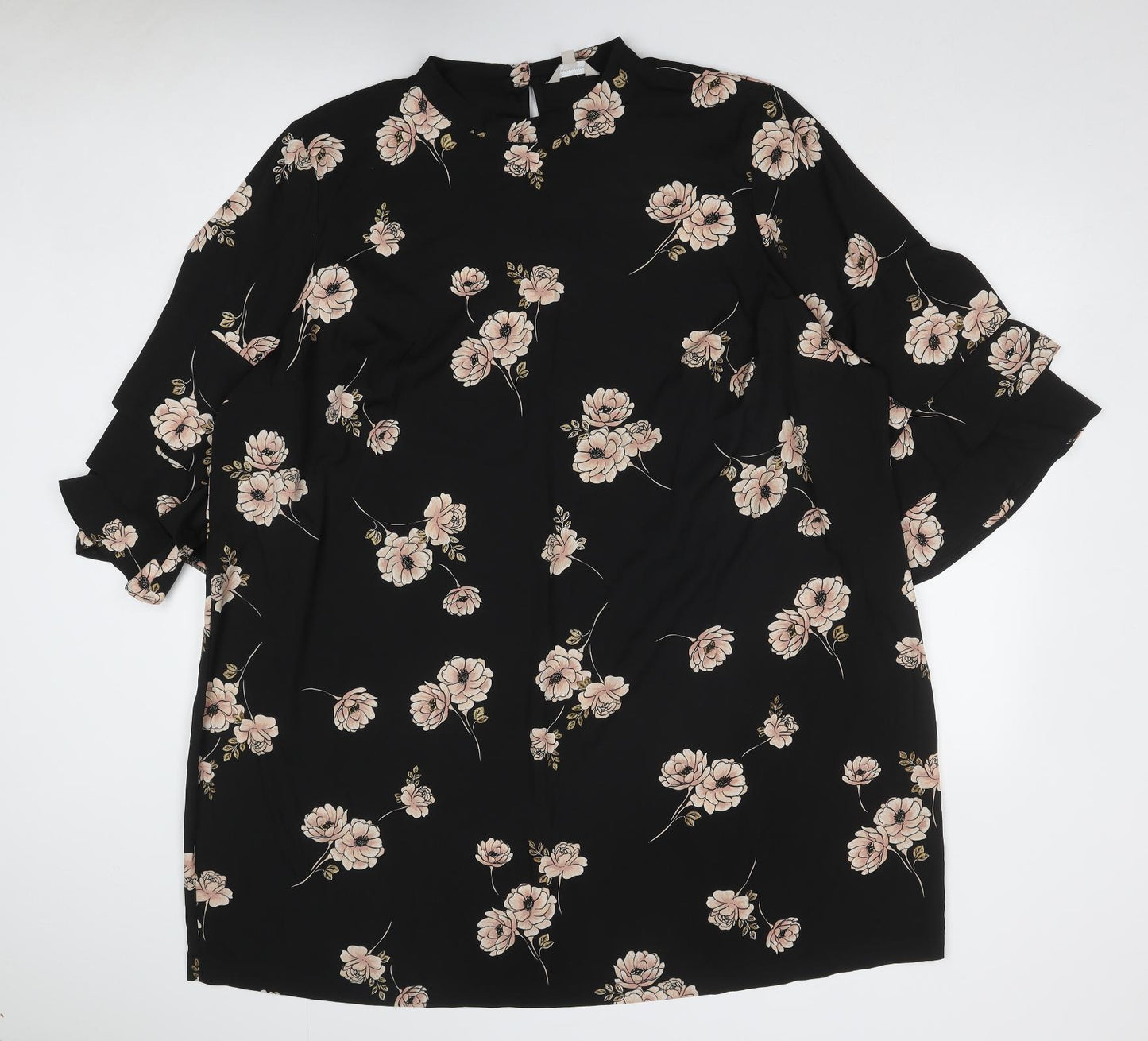 Anthology Womens Black Floral Polyester A-Line Size 32 Round Neck Button