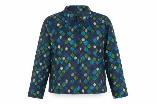 Front view of Bonmarché women’s blue geometric polyester basic button-up, size UK 18, collared