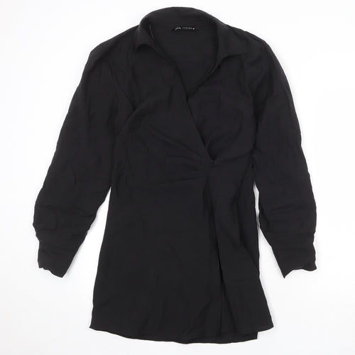 Zara Womens Black Polyester Shift Size M Collared Zip - Front Detail