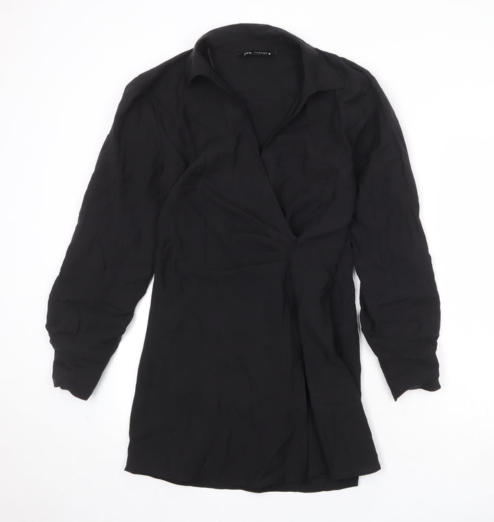Zara Womens Black Polyester Shift Size M Collared Zip - Front Detail