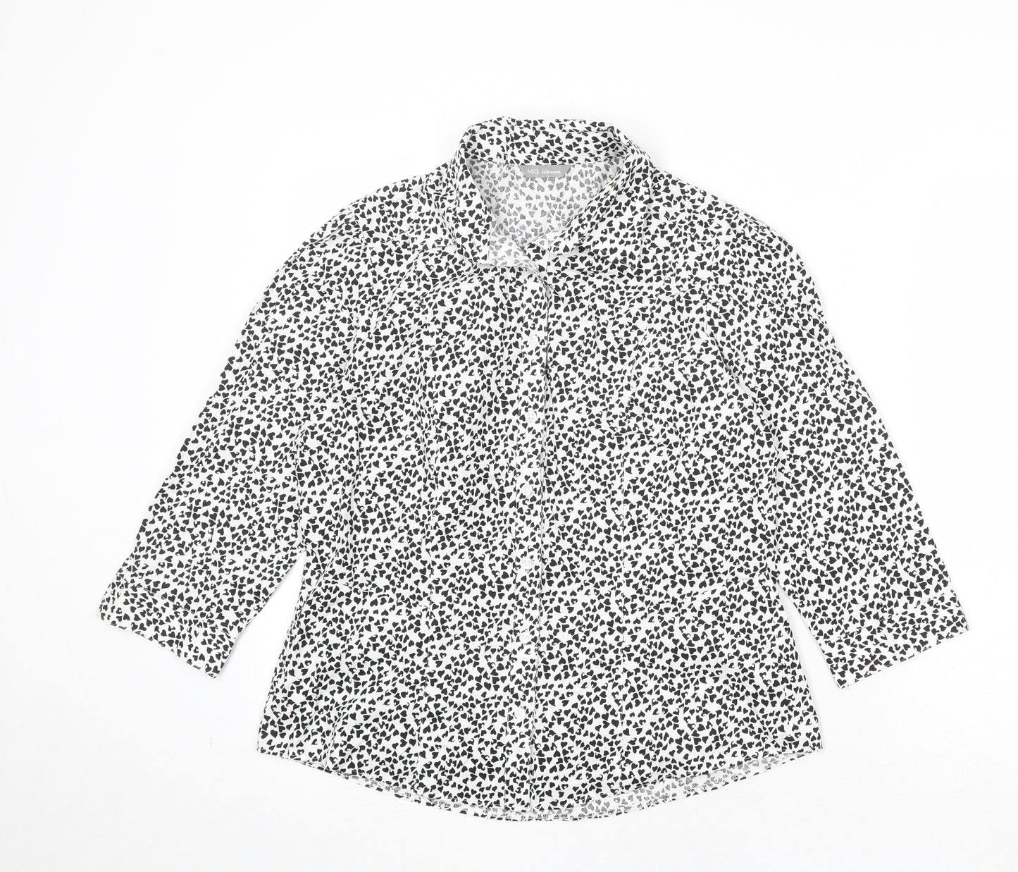 Marks and Spencer Womens Black Cotton Basic Button-Up Size 12 Collared - Heart Print