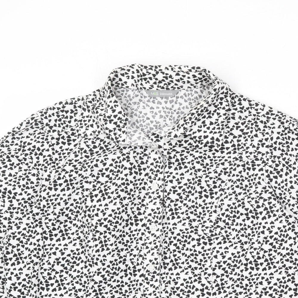 Marks and Spencer Womens Black Cotton Basic Button-Up Size 12 Collared - Heart Print