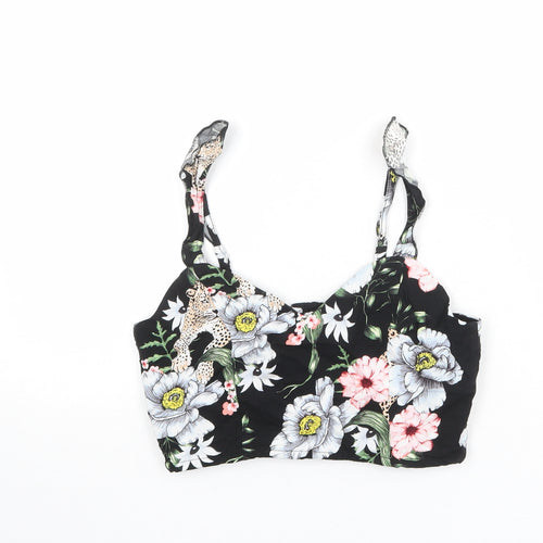 H&M Womens Black Floral Viscose Cropped Tank Size S V-Neck - Bralette