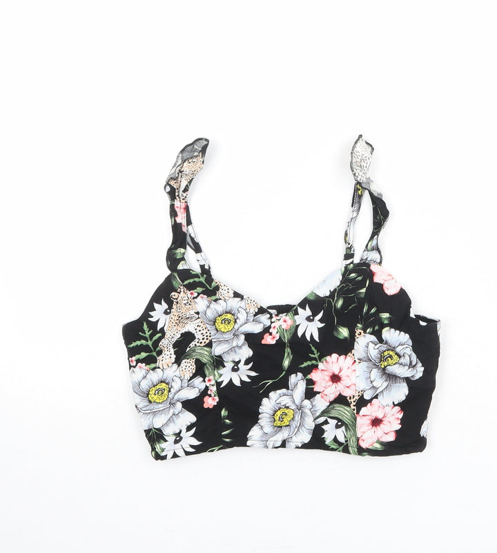 H&M Womens Black Floral Viscose Cropped Tank Size S V-Neck - Bralette