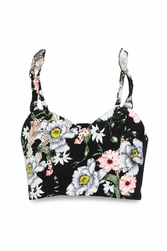 Front view of H&M women’s black floral viscose cropped tank, size S, v-neck - bralette