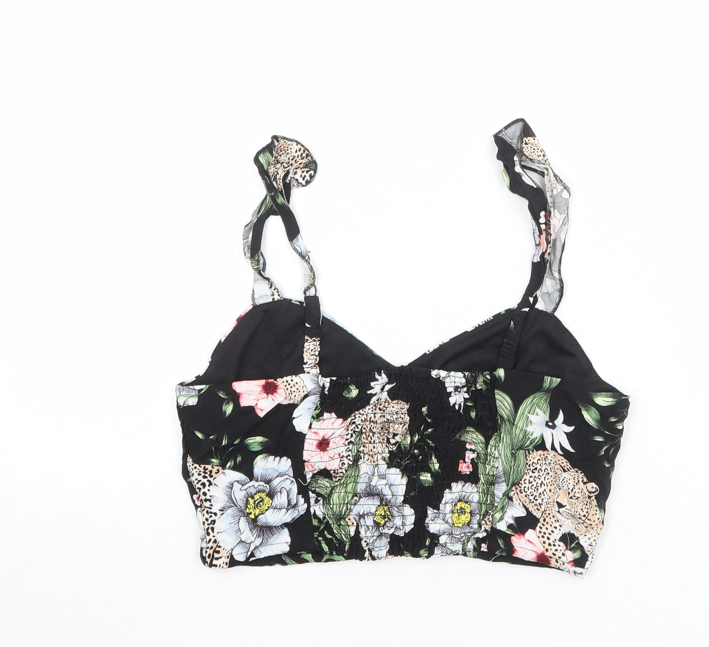 H&M Womens Black Floral Viscose Cropped Tank Size S V-Neck - Bralette