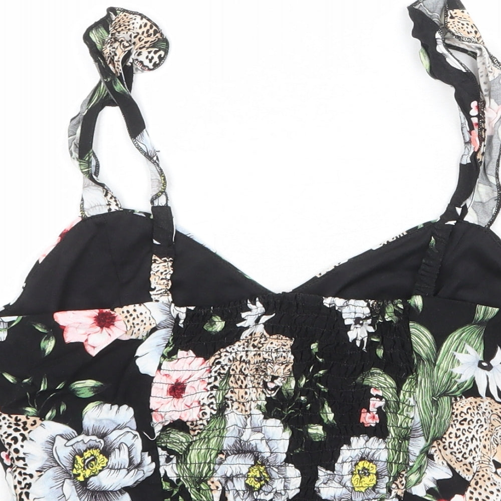 H&M Womens Black Floral Viscose Cropped Tank Size S V-Neck - Bralette