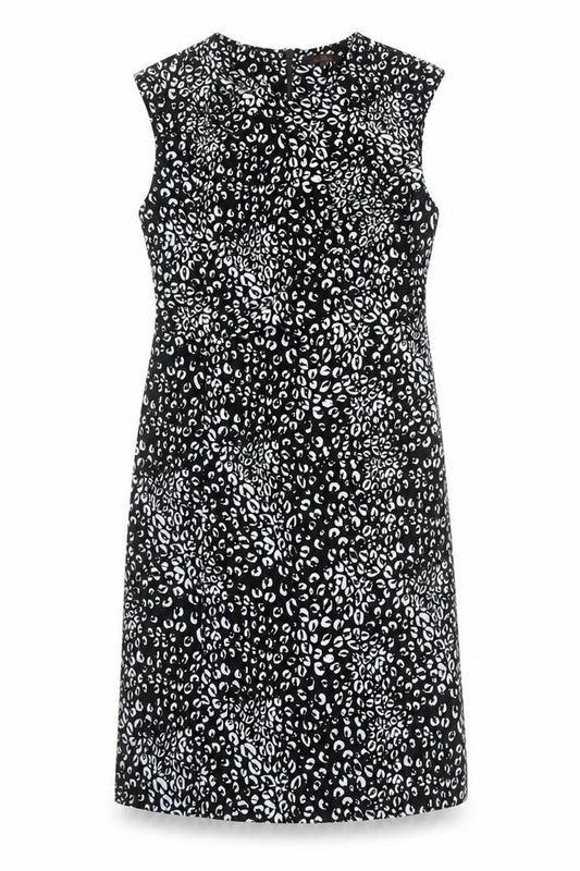 Front view of Next women’s black animal print polyester sheath, size UK 14, round neck zip - leopard print