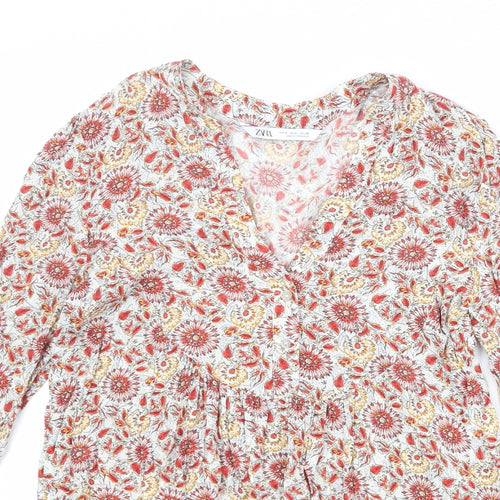 Zara Womens Multicoloured Floral Viscose Basic Blouse Size S V-Neck