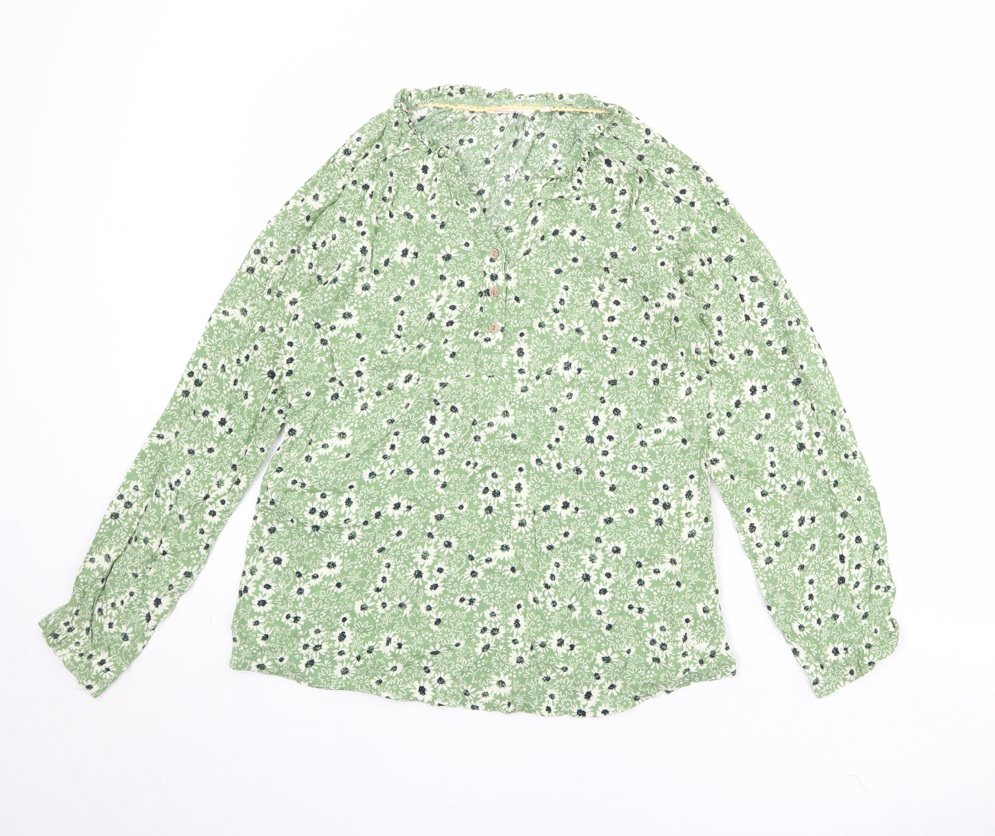 EWM Womens Green Floral Viscose Basic Blouse Size 12 V-Neck