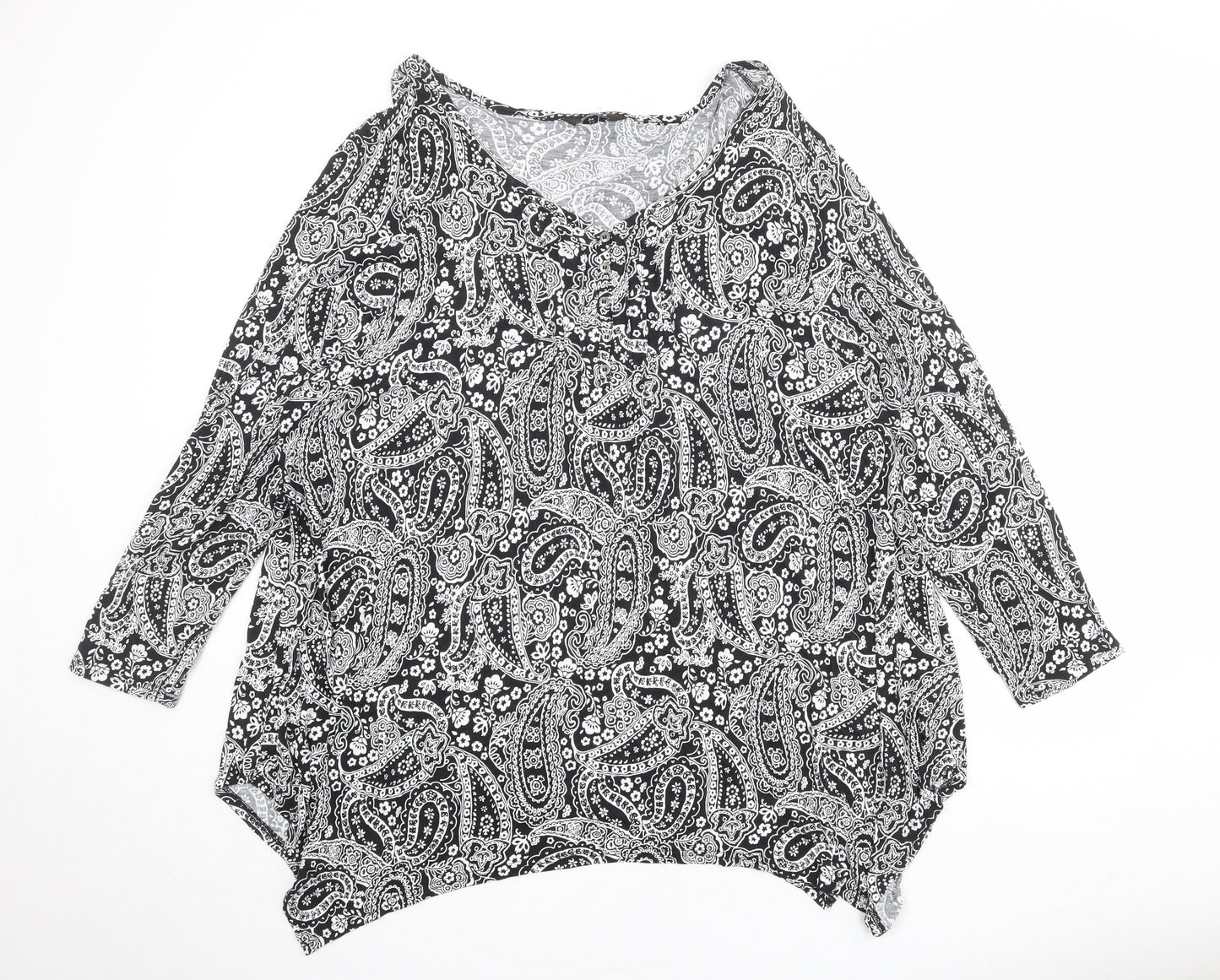 Evans Womens Black Paisley Viscose Basic Blouse Size 26 V-Neck - Asymmetric