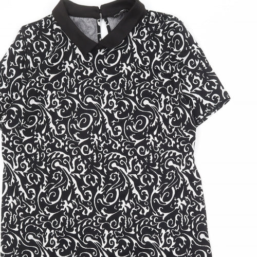 Dorothy Perkins Womens Black Geometric Viscose Shift Size 16 Round Neck Button