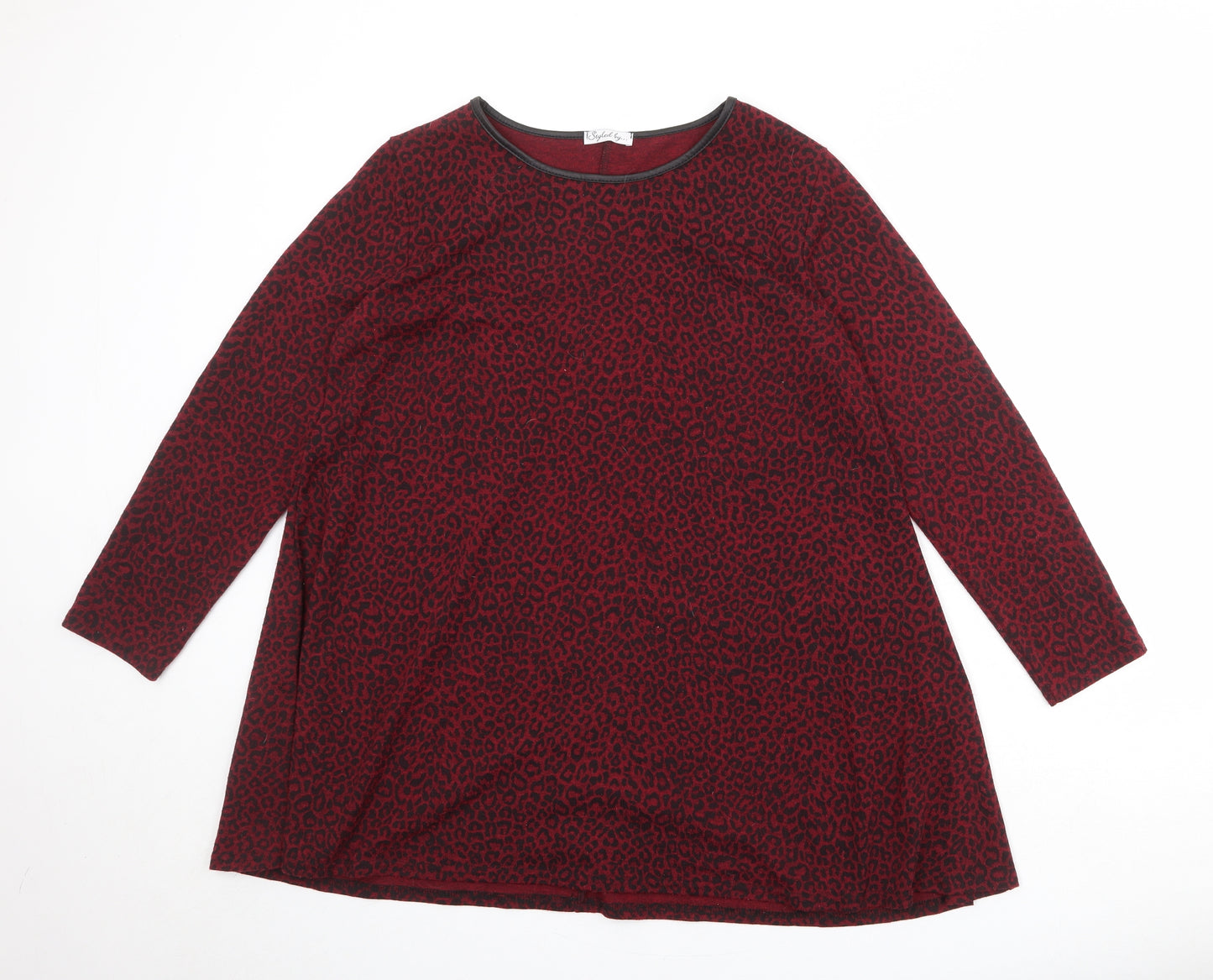Styled By Womens Red Animal Print Polyester A-Line Size L Round Neck Pullover - Leopard Print