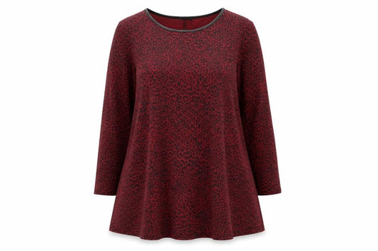 Front view of Styled By women’s red animal print polyester a-line, size L, round neck pullover - leopard print