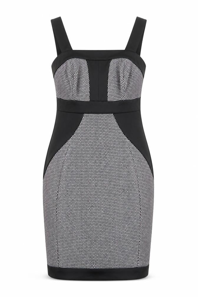 Front view of River Island women’s black geometric polyester shift, size UK 10, square neck zip