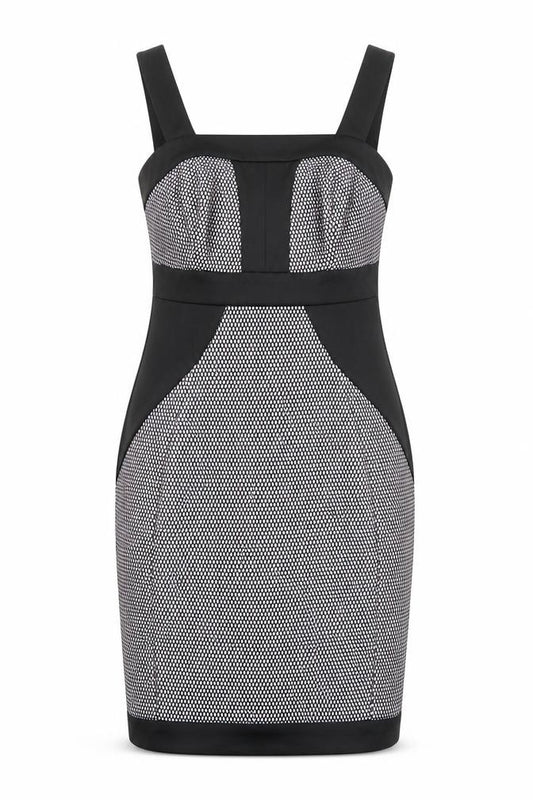 Front view of River Island women’s black geometric polyester shift, size UK 10, square neck zip