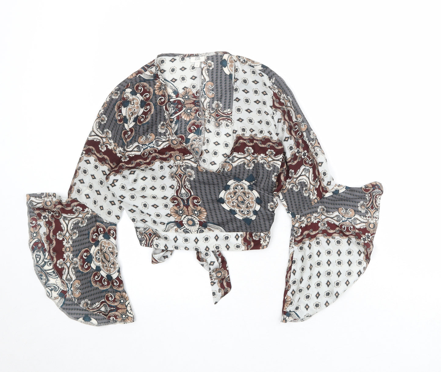 River Island Womens Multicoloured Paisley Polyester Basic Blouse Size 8 V-Neck - Ruffle Sleeve