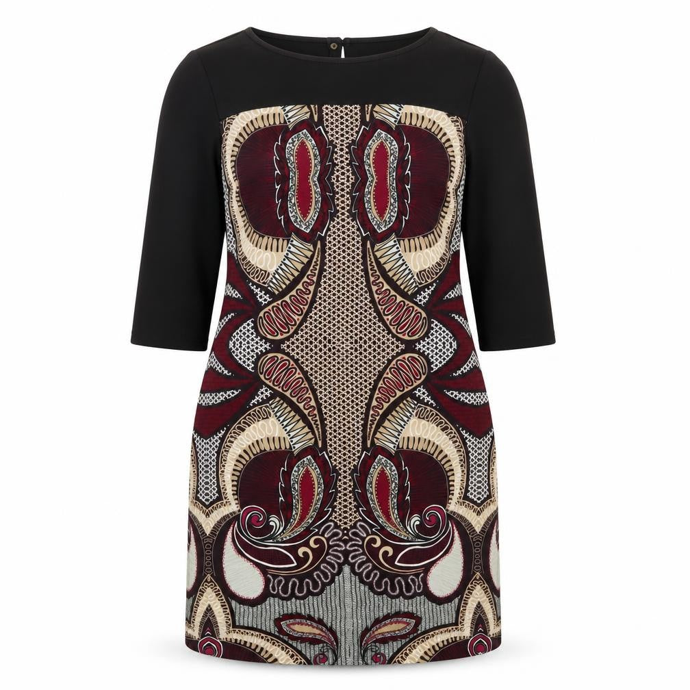Front view of Per Una women’s multicoloured geometric polyester a-line, size UK 14, round neck pullover