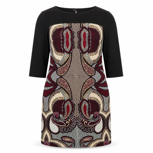 Front view of Per Una women’s multicoloured geometric polyester a-line, size UK 14, round neck pullover