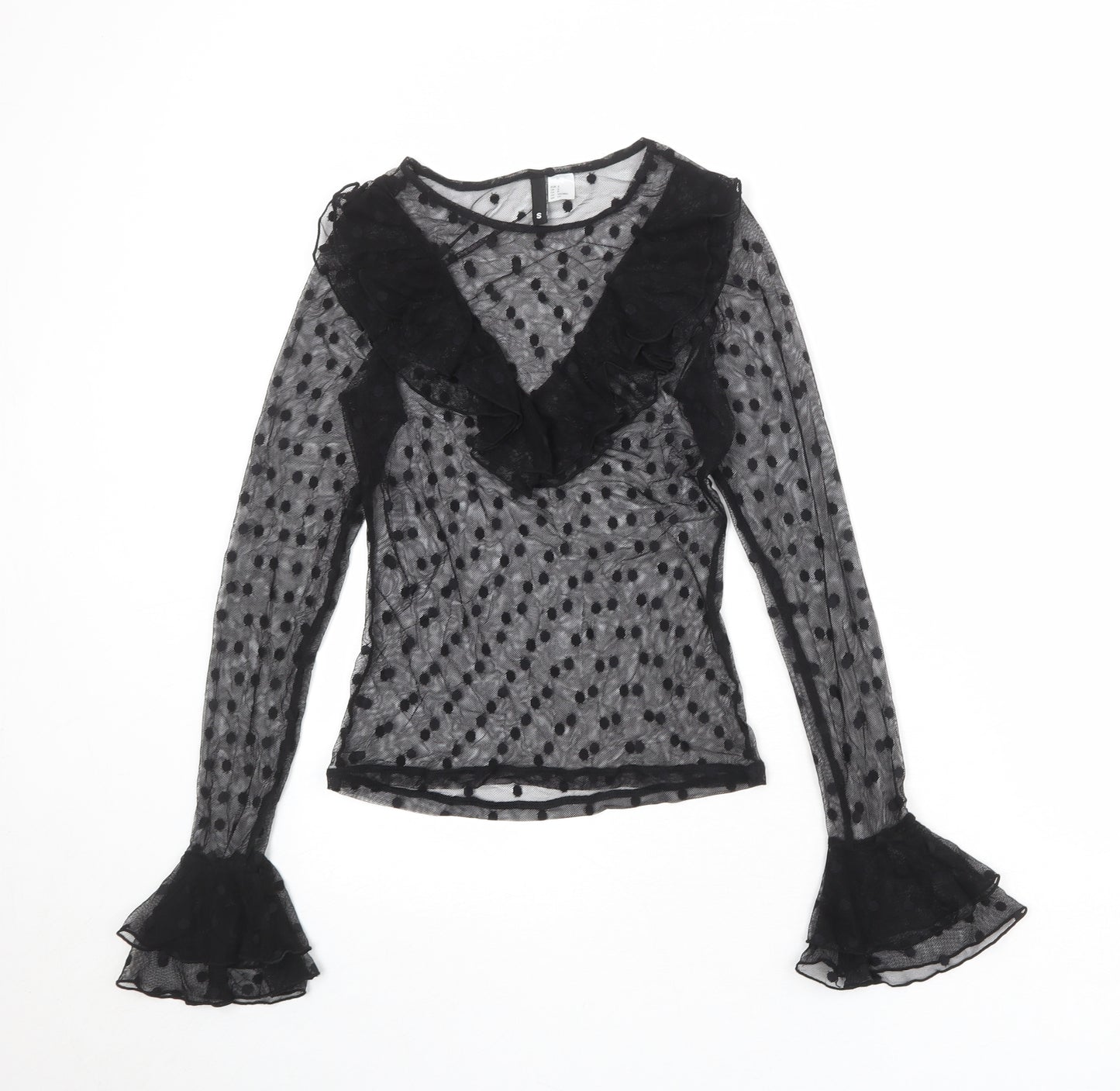 Divided by H&M Womens Black Polka Dot Polyester Basic Blouse Size S Boat Neck - Ruffle Sleeve