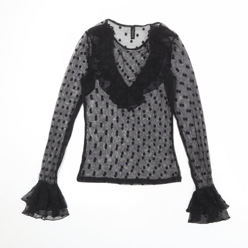 Divided by H&M Womens Black Polka Dot Polyester Basic Blouse Size S Boat Neck - Ruffle Sleeve