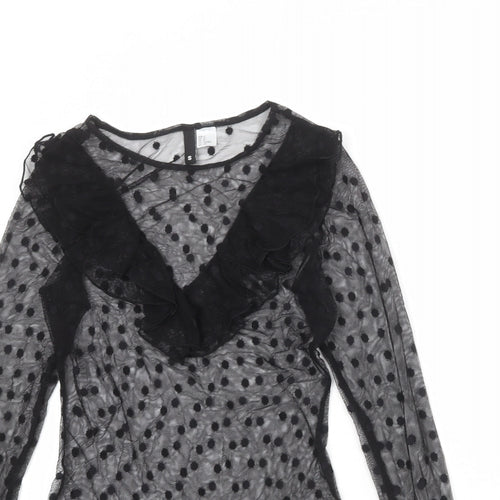 Divided by H&M Womens Black Polka Dot Polyester Basic Blouse Size S Boat Neck - Ruffle Sleeve