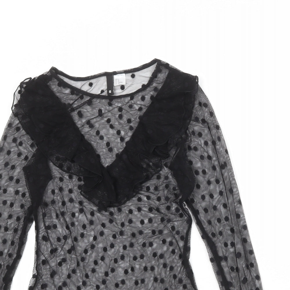 Divided by H&M Womens Black Polka Dot Polyester Basic Blouse Size S Boat Neck - Ruffle Sleeve