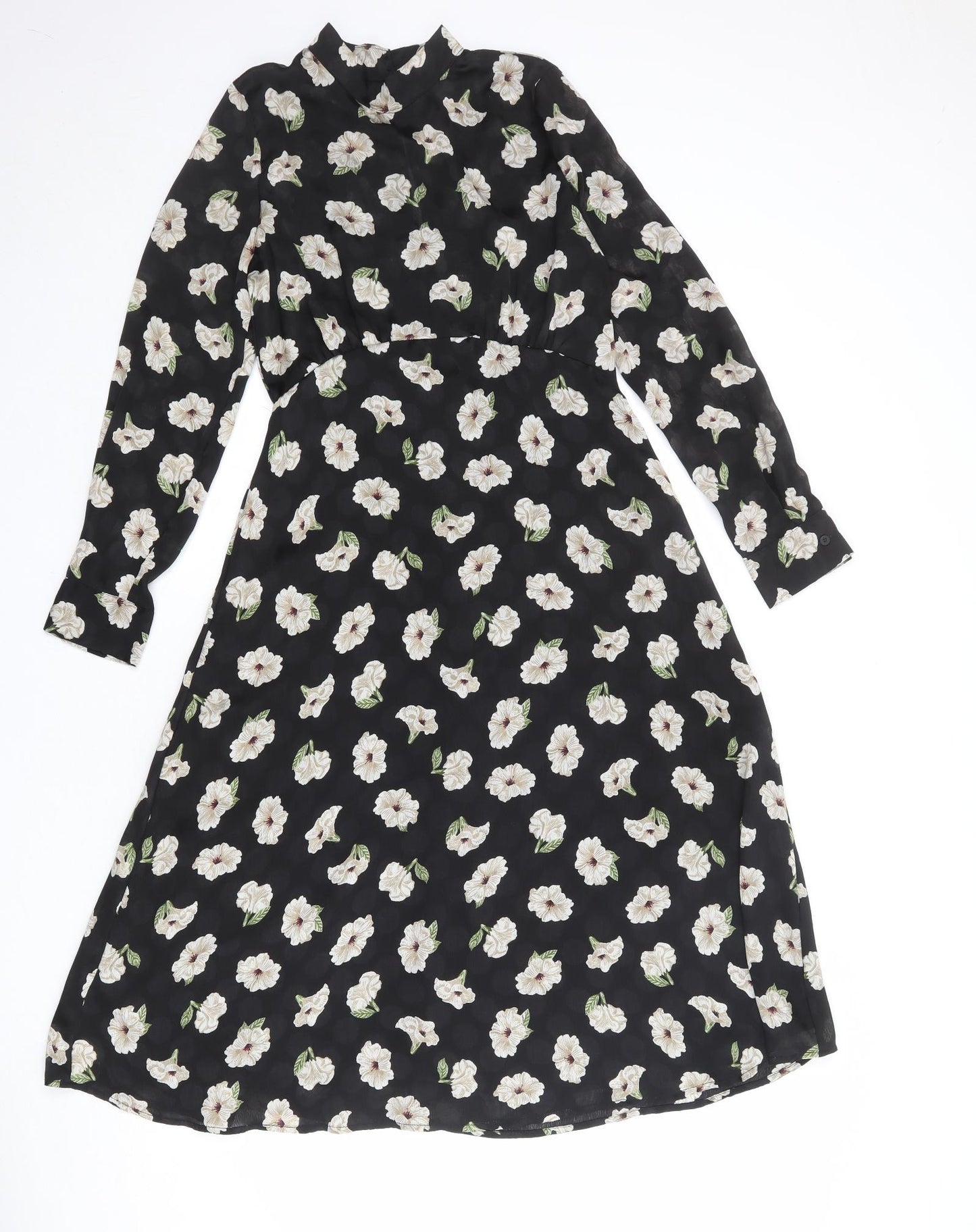 Zara Womens Black Floral Polyester A-Line Size S Mock Neck Button
