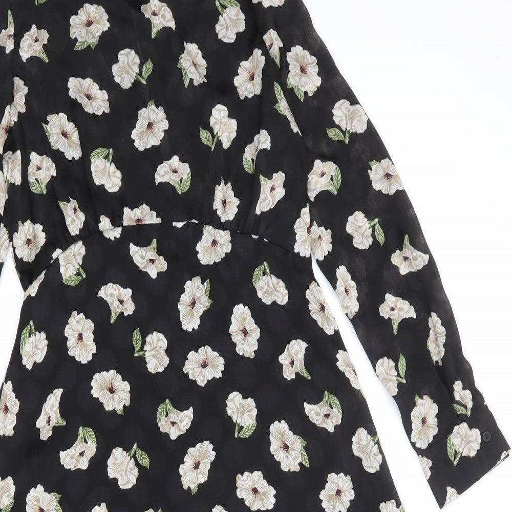 Zara Womens Black Floral Polyester A-Line Size S Mock Neck Button