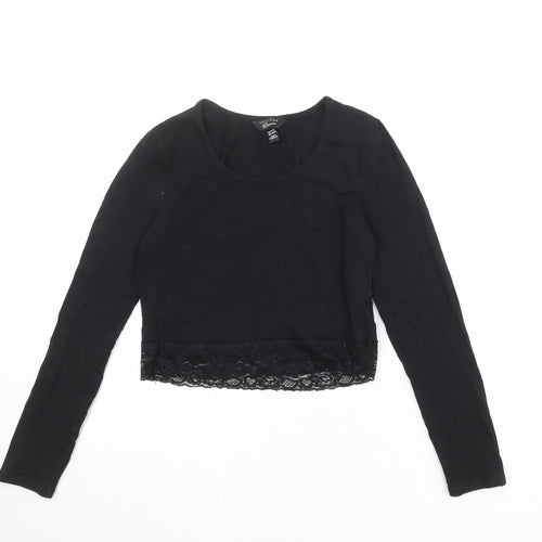 New Look Girls Black Cotton Cropped T-Shirt Size 14-15 Years Round Neck Pullover - Lace Details