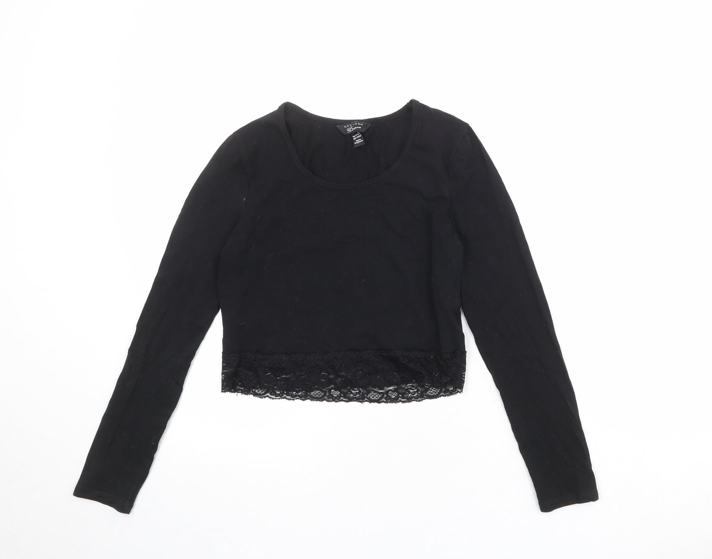 New Look Girls Black Cotton Cropped T-Shirt Size 14-15 Years Round Neck Pullover - Lace Details
