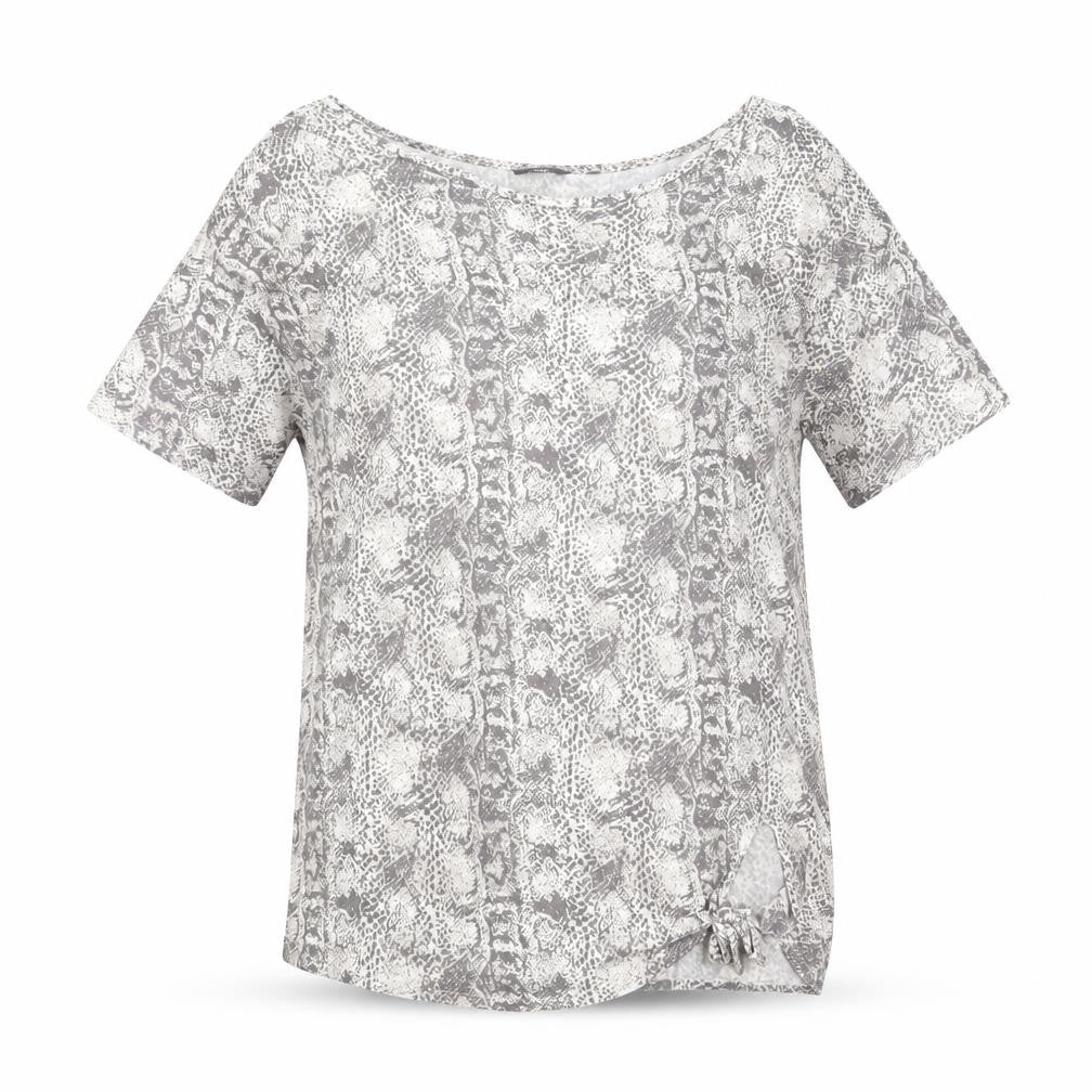 Front view of Next women’s grey geometric viscose basic t-shirt, size UK 10, round neck