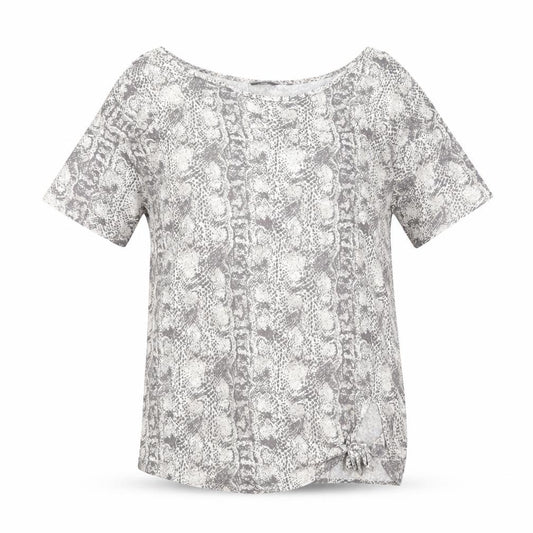 Front view of Next women’s grey geometric viscose basic t-shirt, size UK 10, round neck