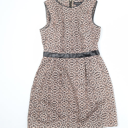 Warehouse Womens Beige Animal Print Cotton A-Line Size 10 Round Neck Zip - Leopard Print