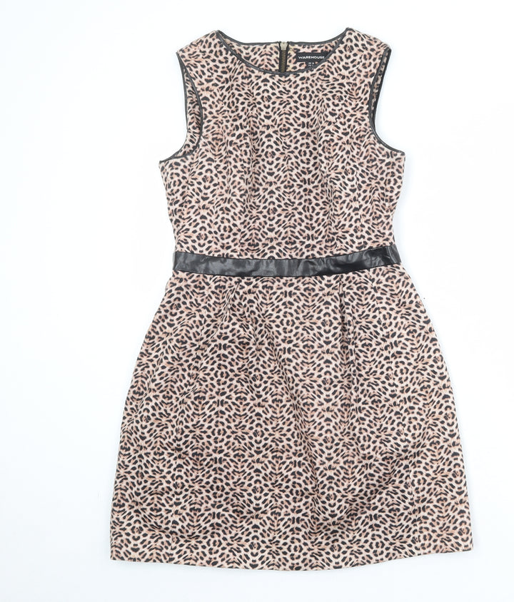 Warehouse Womens Beige Animal Print Cotton A-Line Size 10 Round Neck Zip - Leopard Print