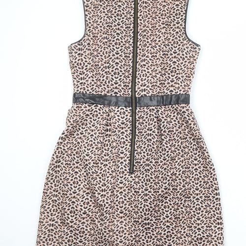 Warehouse Womens Beige Animal Print Cotton A-Line Size 10 Round Neck Zip - Leopard Print