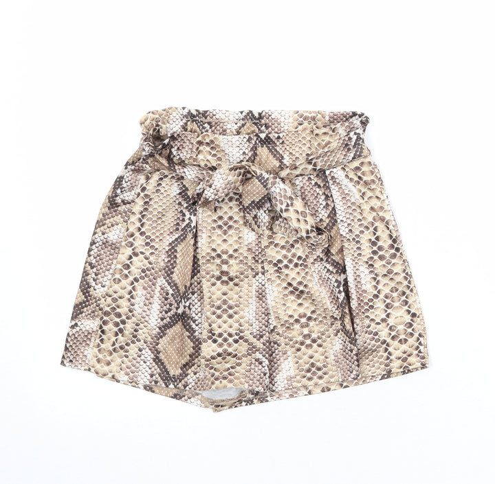 PRETTYLITTLETHING Womens Brown Animal Print Polyester Basic Shorts Size 6 Regular Pull On - Snake Print