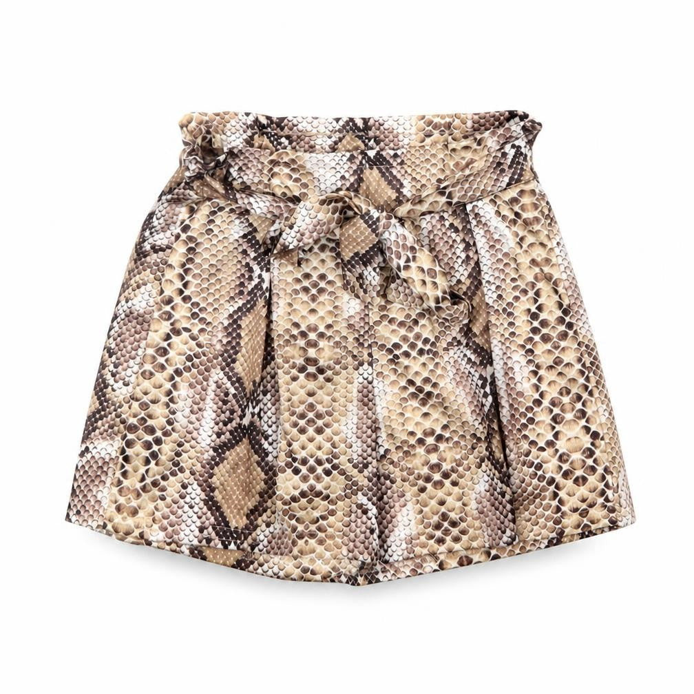 Front view of PRETTYLITTLETHING women’s brown animal print polyester basic shorts, size UK 6, regular pull on - snake print