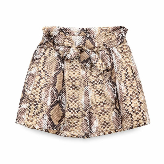 Front view of PRETTYLITTLETHING women’s brown animal print polyester basic shorts, size UK 6, regular pull on - snake print