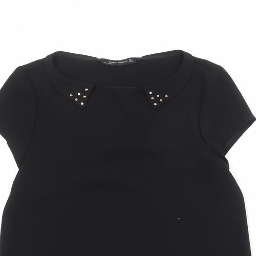 Zara Womens Black Polyester Basic T-Shirt Size M Round Neck