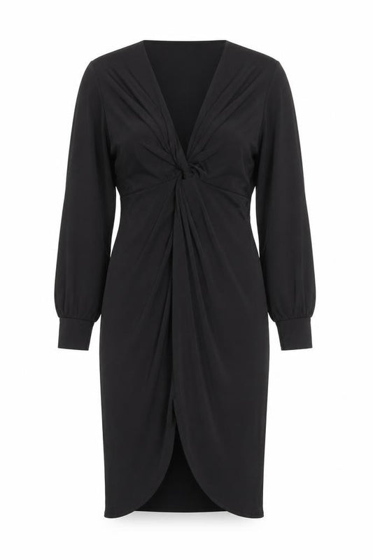 Front view of Boohoo women’s black polyester shift, size UK 6, v-neck pullover