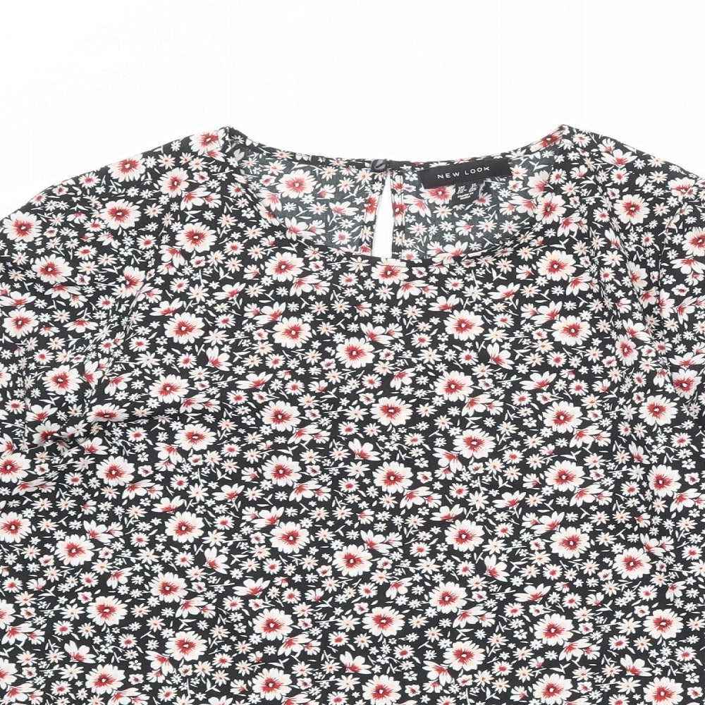 New Look Womens Black Floral Polyester Basic Blouse Size 12 Round Neck