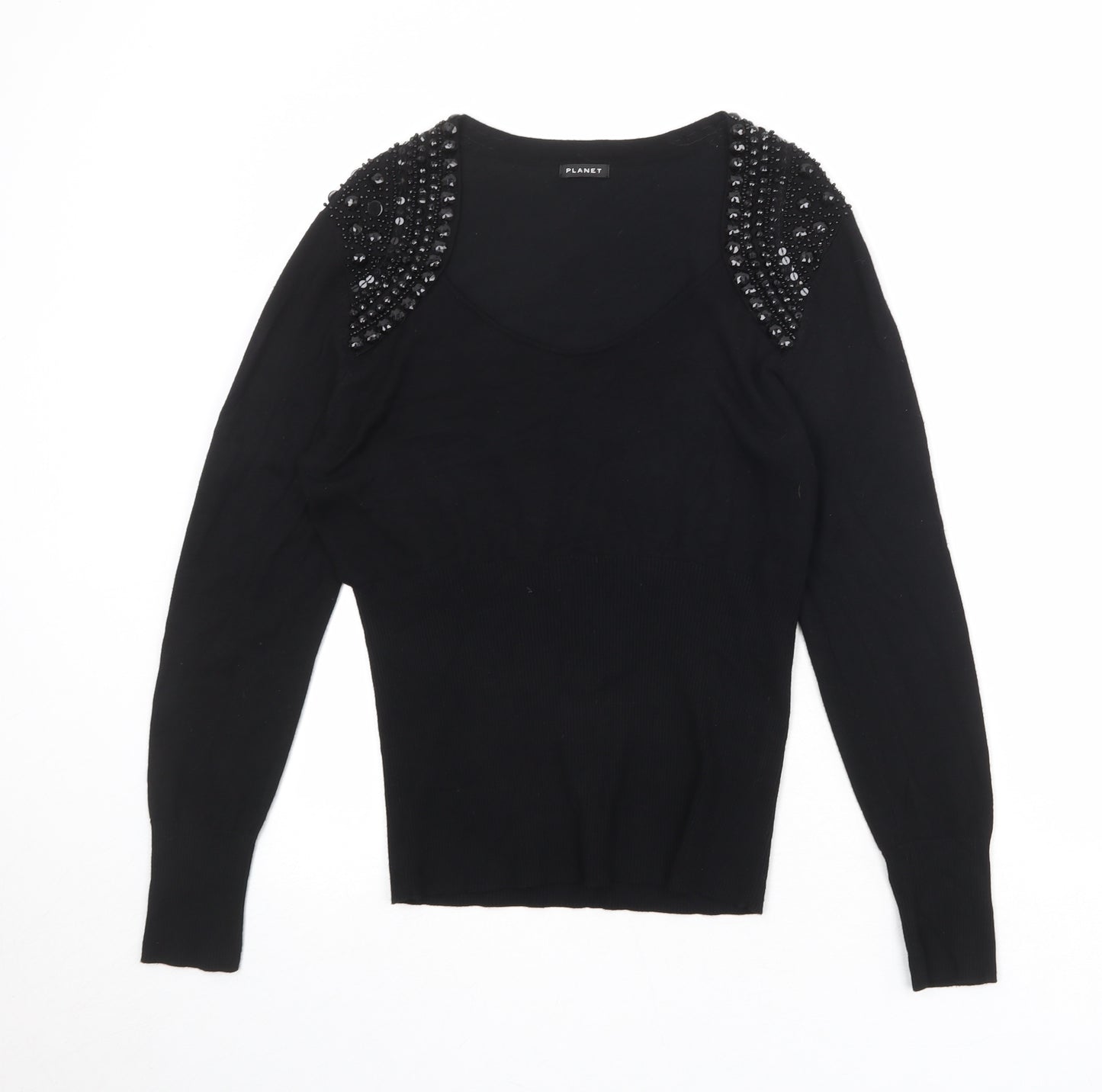 Planet Womens Black Round Neck Viscose Pullover Jumper Size M