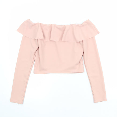New Look Womens Pink Polyester Cropped Blouse Size 12 Round Neck