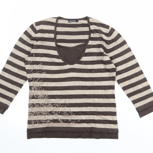 Bianca Womens Brown Striped Viscose Basic T-Shirt Size 10 Scoop Neck