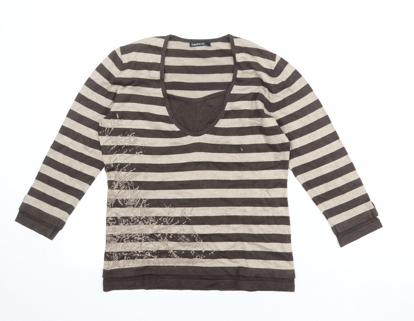Bianca Womens Brown Striped Viscose Basic T-Shirt Size 10 Scoop Neck