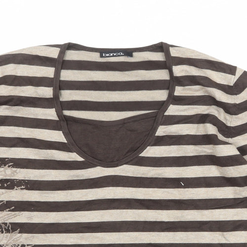 Bianca Womens Brown Striped Viscose Basic T-Shirt Size 10 Scoop Neck