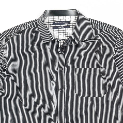 John Miller Mens Black Striped Polyester Button-Up Size 15 Collared Button